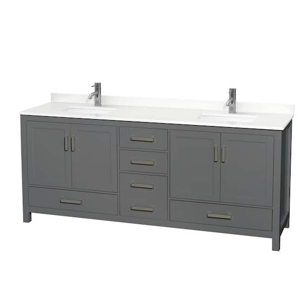 Wyndham Collection Sheffield 80 in. W. x 22 in. D x 35 in. H Double Bath Vanity in Dark Gray with White Quartz Top