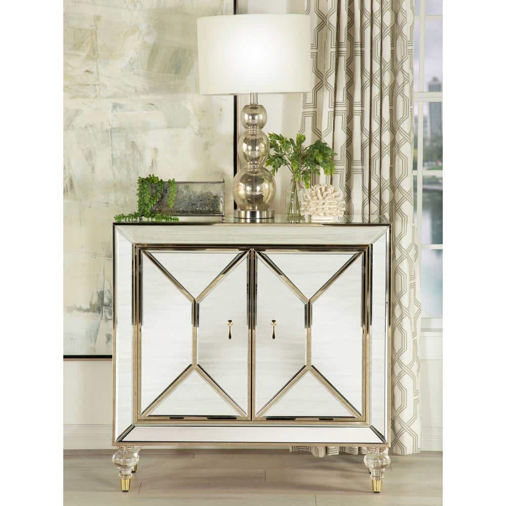 Glamorous Mirror and Champagne 2-Door Accent Cabinet