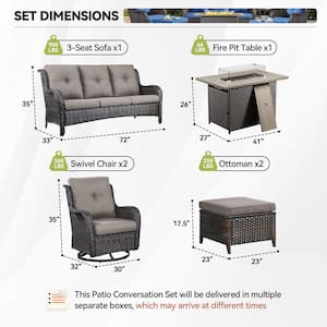 6-Piece Brown Wicker Fire Pit Conversation Set with Olefin Gray Cushions and Curved Arm Swivel Glider Chairs