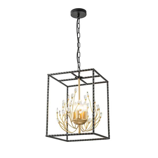 Elise 4-Light Matte Black and Gold Crystal Lantern Chandelier for Kitchen or Foyer Hall No Bulbs Included