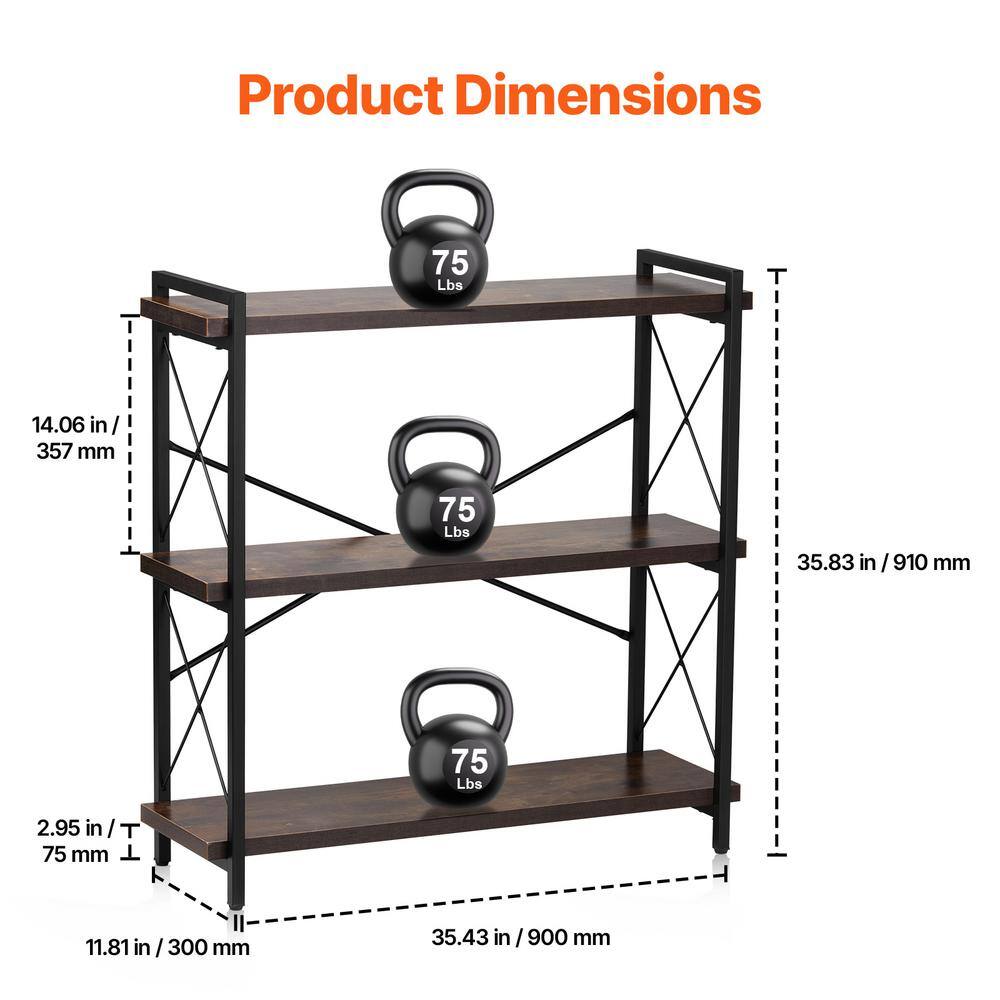 Brown Metal 3-Tier Adjustable Industrial Bookshelf