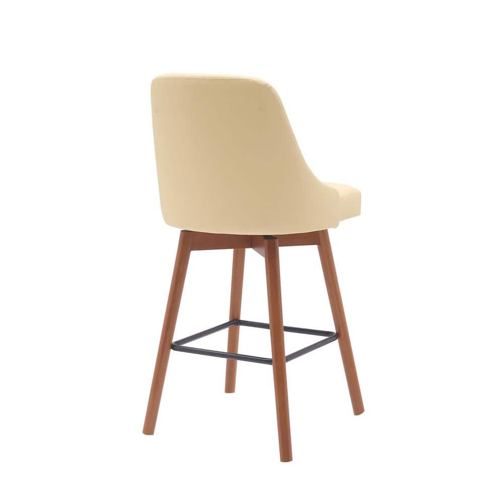 Cream Faux Leather Walnut Wood Swivel Counter Stool