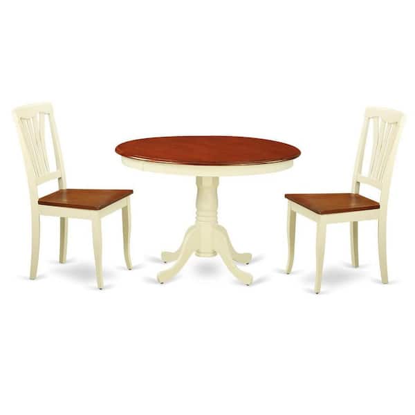 East West Furniture 3-Piece Round Buttermilk and Cherry Finish Solid Wood Top Dining Table with 2 Chairs with Lattice Back