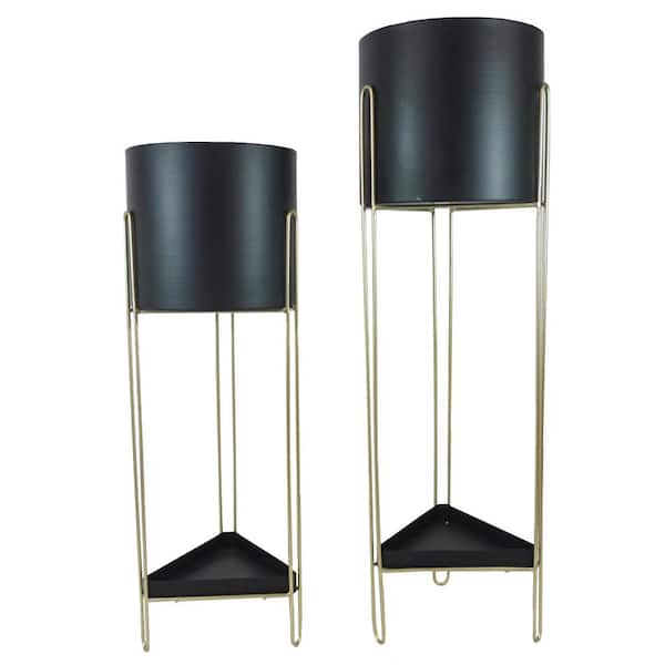 Black Gold cylinder/triangle Plant Pot, Mid Century Flower Pot Holder Stand Indoor Display Rack (Set of 2)