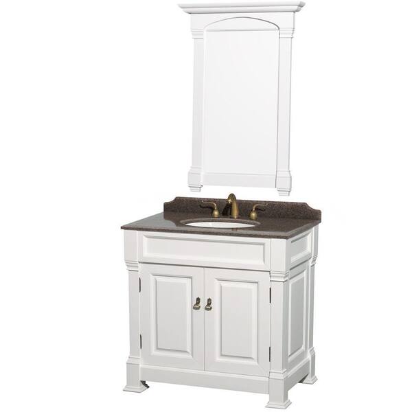 Wyndham Collection Andover 36 in. W x 23 in. D Vanity in White with Granite Vanity Top in Imperial Brown with White Basin and 28 in. Mirror