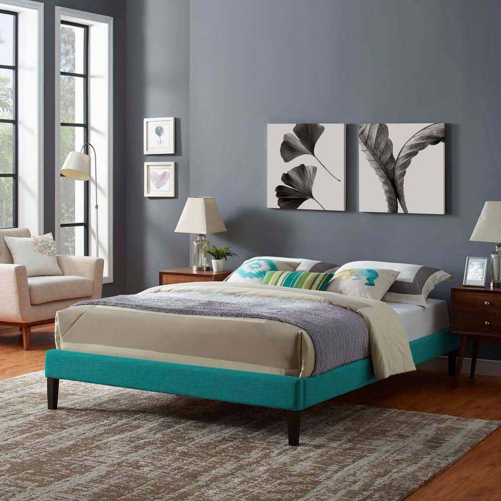 Teal Upholstered King Platform Bed with Wood Slats