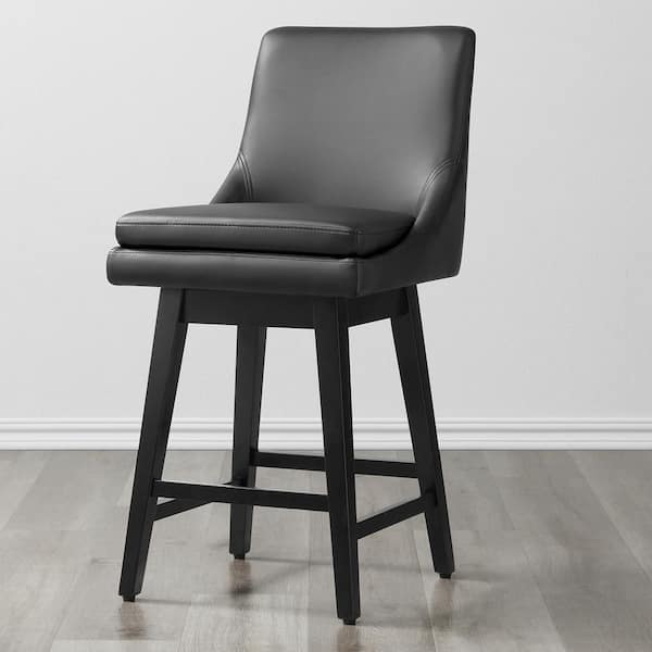 Spruce & Spring Fiona 26.8 in. Black Solid Wood Frame Swivel Counter Height Bar Stool with Faux Leather Seat and Back