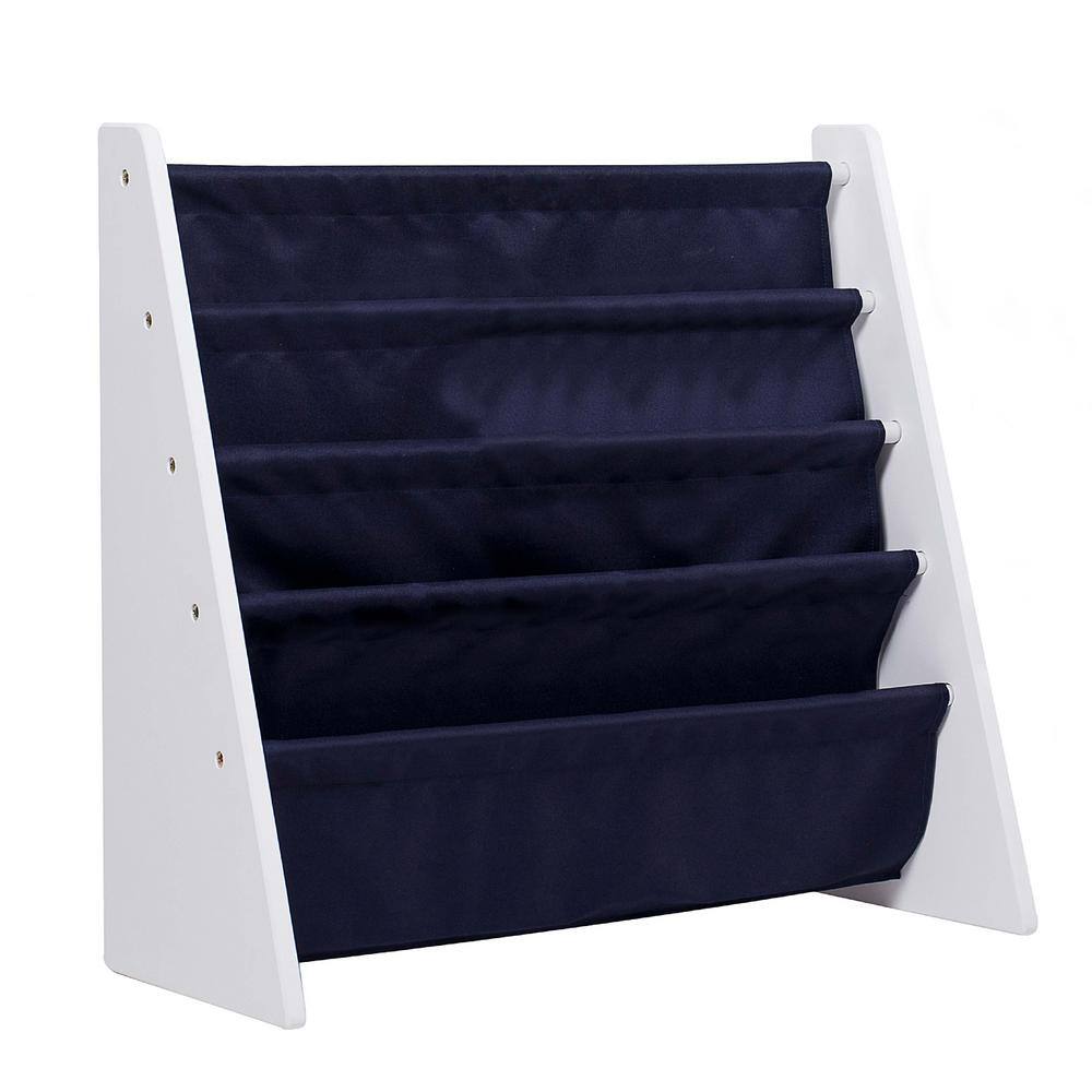 Compact White Melamine Kids Sling Bookshelf with Fabric Pockets