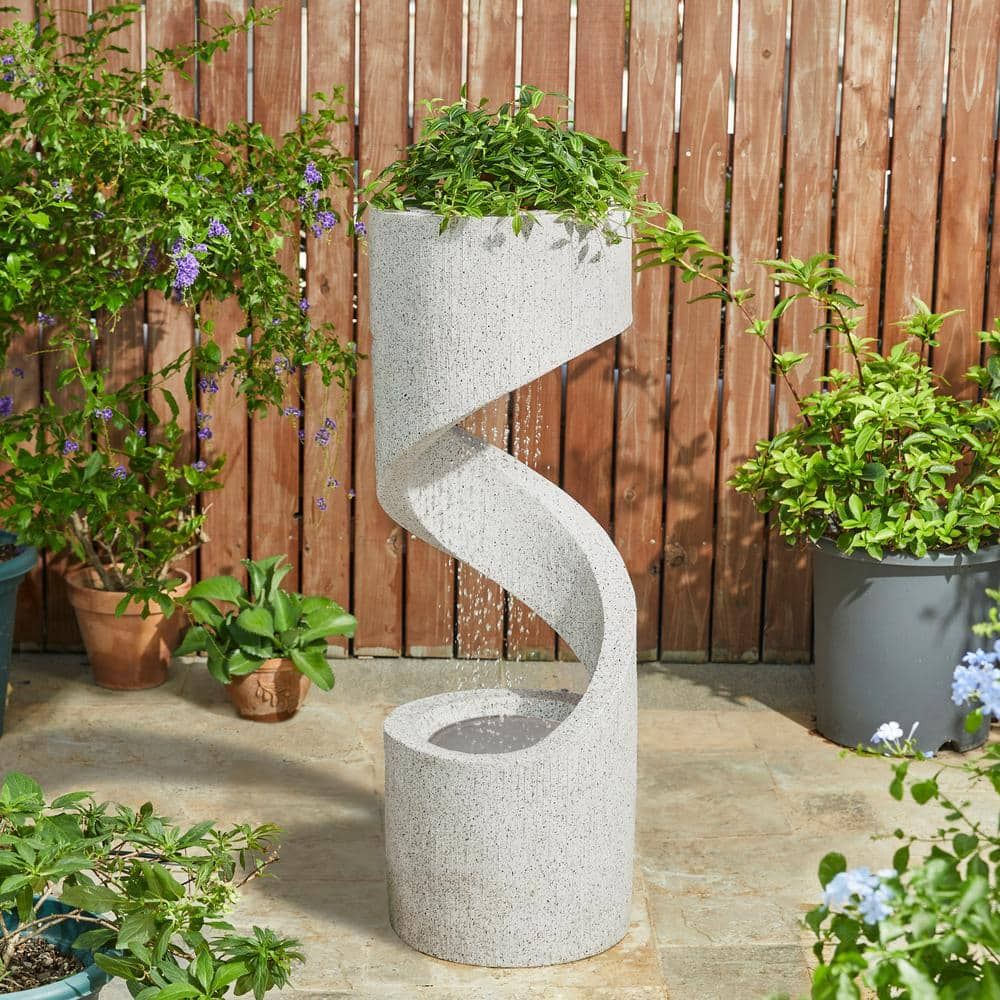 Glitzhome 40.25" H Mid Century Modern Oversized Faux Terrazzo Spiral Shaped Polyresin Outdoor Fountain with Pump and Led Light