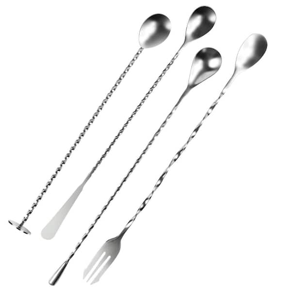4-Piece Silver 304 Stainless Steel Long Handle Bar Mixing Spoon Set with Spiral Pattern for Cocktail Stirring