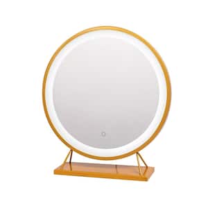 15.8 in. W x 15.8 in. H Round LED Freestanding Bathroom Makeup Mirror in Golden with Metal Bracket, Touch Switch