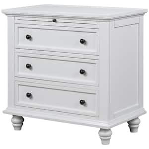 28 in. W White Rectangle 3-Drawer Storage Wood End Table with Pull out Tray