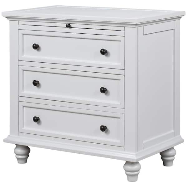 Polibi 28 in. W White Rectangle 3-Drawer Storage Wood End Table with Pull out Tray