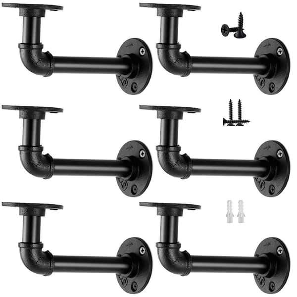 Wudkey 6.5 in. Iron Industrial Pipe Shelf Brackets, L Pipe Floating Shelving Brackets for 8, 10, 12, 14 in. Board (6-Pack)