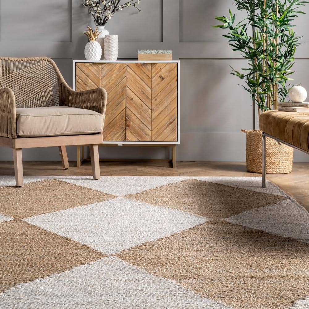 Ivory and Beige Cotton Jute Runner Rug, 2' x 8'