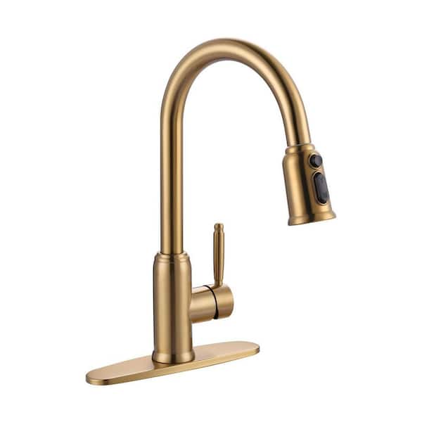 15.4 in. Single Handle Stainless Steel Pull Down Sprayer Kitchen Faucet with 3-Modes Swivle Spout in Brushed Gold