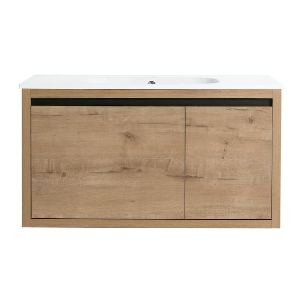 Boosicavelly 35.60 in. W x 18.10 in. D x 19.40 in. H Single Sink Wall Mounted Bath Vanity in Natural with White Gel Top