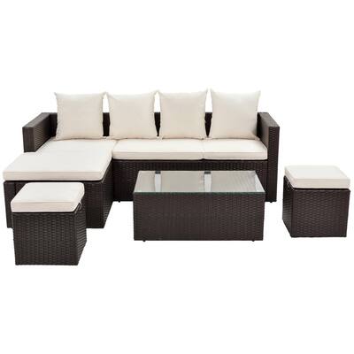 Brown 5-Piece Furniture PE Rattan Wicker Corner Outdoor Sectional Chair Sofa Set with Adjustable and Beige Cushions