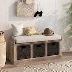 White Washed Entryway Storage Bench with Removable Cushion and 3 Removable Classic Fabric Basket