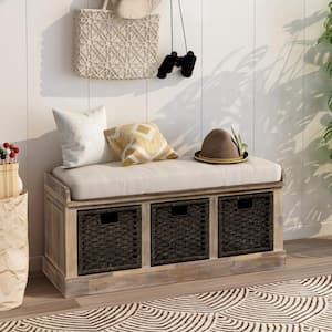 White Washed Entryway Storage Bench with Removable Cushion and 3-Removable Classic Fabric Basket