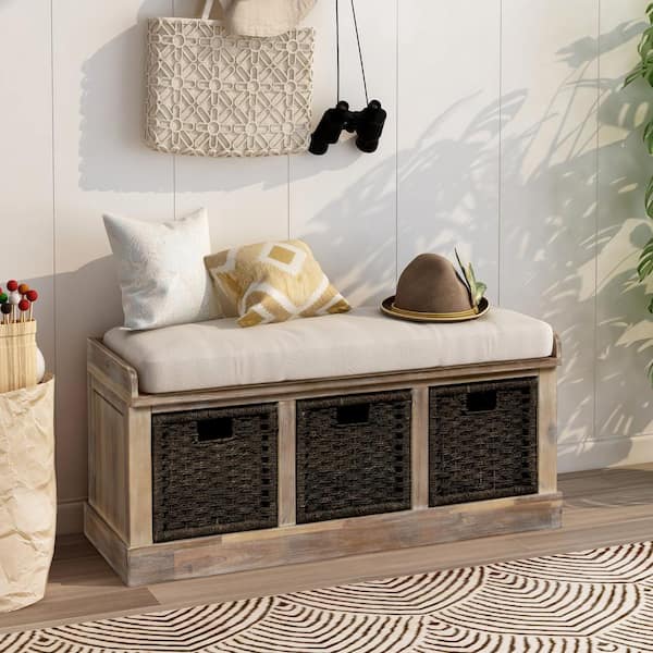 Harper & Bright Designs White Washed Entryway Storage Bench with Removable Cushion and 3-Removable Classic Fabric Basket