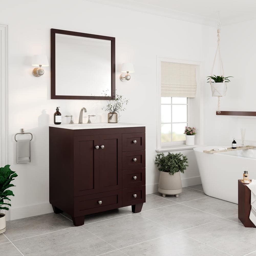 Acclaim 30" Teak Bathroom Vanity with White Quartz Top