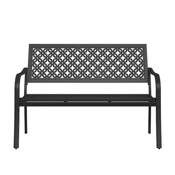 49 in. Black Metal Outdoor Garden Bench with Anti-Rust Metal Powder Coated Frame, Patio Bench for Front Porch Park
