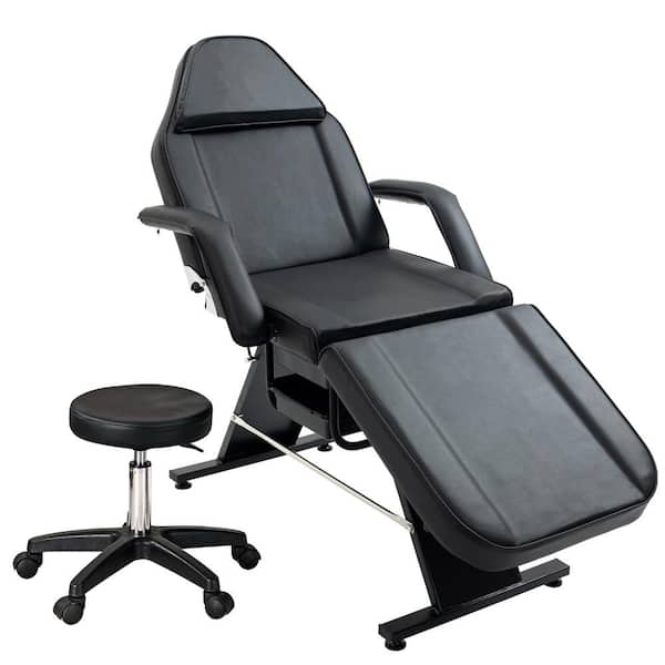 Faux Leather Adjustable Folding Massage Spa Salon Bed Chair in Black Professional Lash Bed w/Hydraulic Stool and 2 Trays