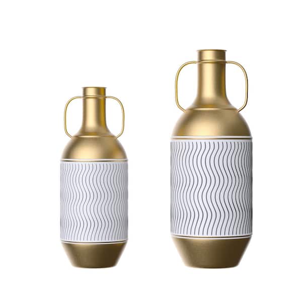 Unbranded Vintage White Gold 22 in. Tall Large Glazed Metal Floor Vase Set of 2 with Rustic Distressed Finish for Home Decor
