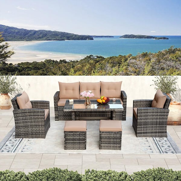 Tenleaf Freely Combinable Brown 6-Piece Hand-Woven PE Wicker and Anti-rust Steel Frame Outdoor Dining Set with Brown Cushion