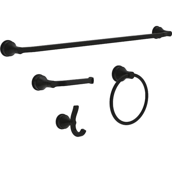 Faryn 4-Piece Bathroom Hardware Set Adjustable 18 or 24 in. Towel Bar, Toilet Paper Holder, Ring, Hook in Matte Black