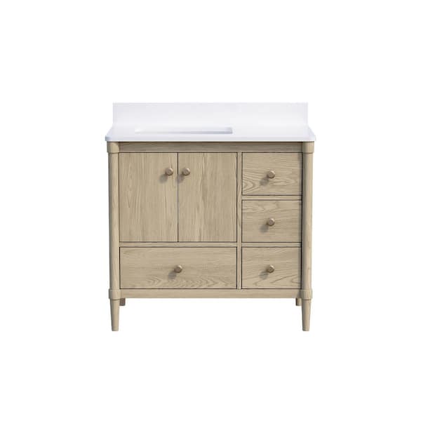 EVA 36 in. Oak Solid Wood Single Sink Bath Vanity with White Quartz Top, Soft-Close Doors, Assembled