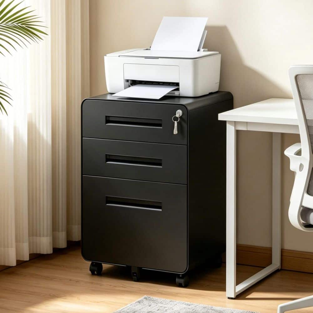 3-Drawer Black Metal 16 in. W Pedestal File Cabinet with Lock, Rolling Storage for Home Office Under Desk