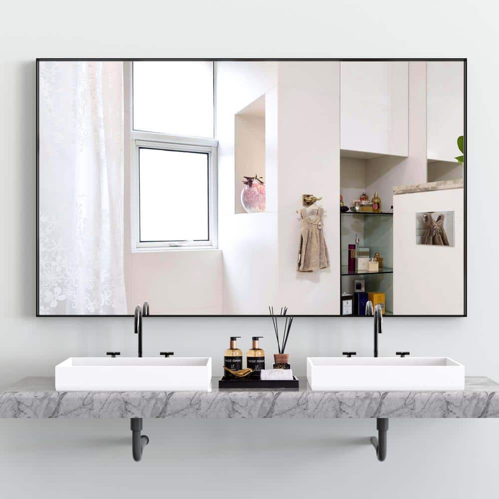 60 in. W x 36 in. H Rectangular Framed Wall Bathroom Vanity Mirror in Black
