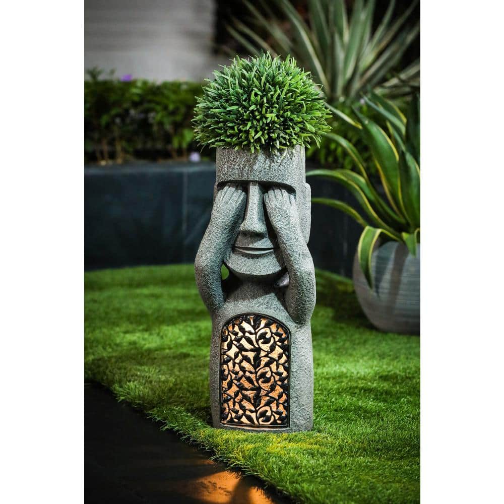 Gray Easter Island Solar Garden Statues with Planters, Set of 3