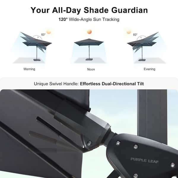 10 ft. Square Aluminum Cantilever Patio Umbrella Solar LED Swivel Offset 360° Rotation Umbrella with Base, in Gray