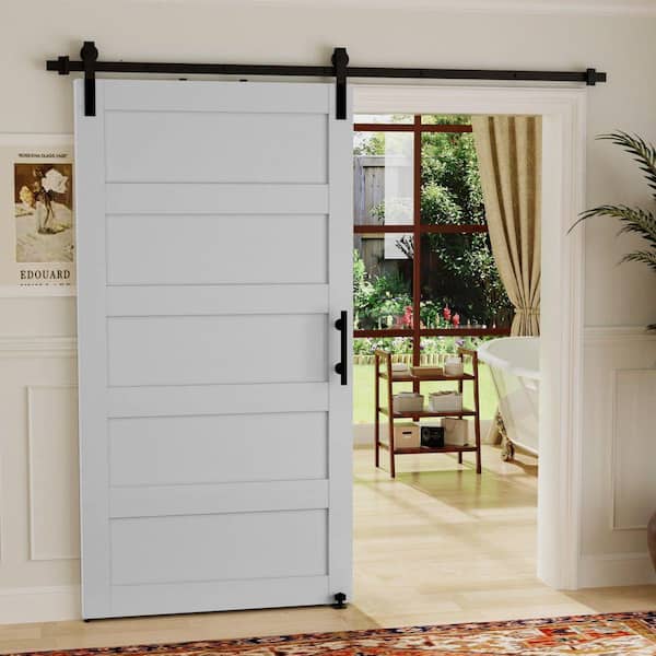 36 in. x 84 in. 5-Panel White MDF Sliding Barn Door Slab with Hardware Kit (with Round Tube Handrail and Sway Stop)