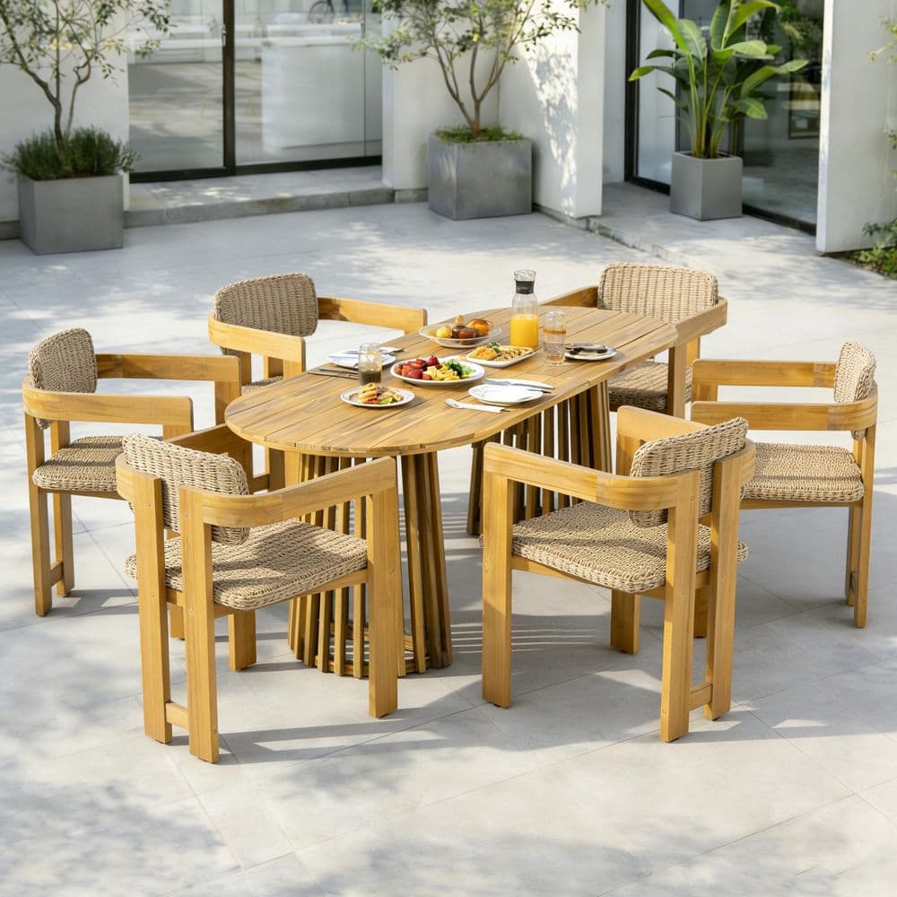 Odelia 7-Piece Solid Wood Oval Patio Outdoor Dining Set with Rattan Seat and Back, Teak Finish price history on PriceWatchPro