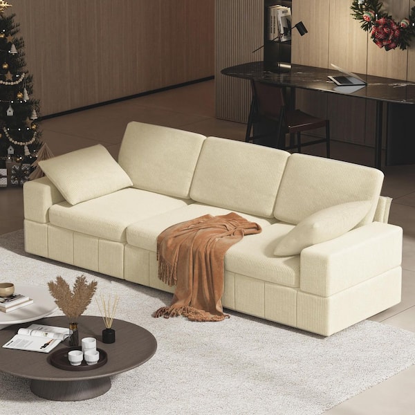 FUFU&GAGA 96.9 in. Width Straight Arm Soft Corduroy Fabric Rectangle Sofa in White for 3-Seat with Back, 2 Pillows