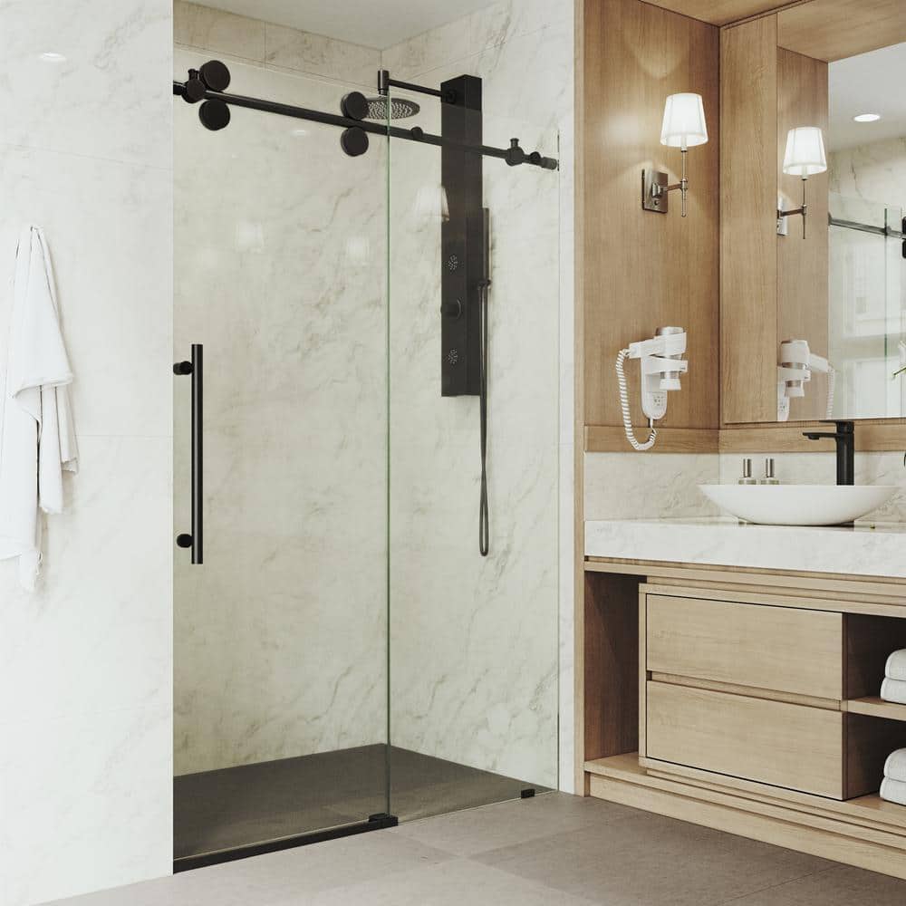 Elan Matte Black Frameless Sliding Shower Door with Clear Glass