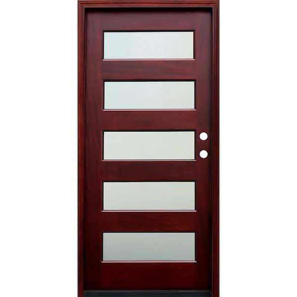 Pacific Entries 36 in. x 80 in. Contemporary 5-Lite Mist Lite Stained Mahogany Wood Prehung Front Door - FSC 100%