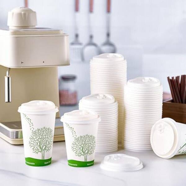Lynzavix 200pcs per Case White Plastic Disposable Compostable Coffee Cup  Lid Spill-Resistant CPLA Fits 10-20 oz Paper Cups 29DPH005701