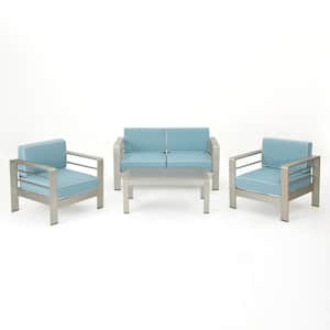 Cape Coral Silver 4-Piece Aluminum Patio Conversation Seating Set with Light Teal and White Corded Cushions