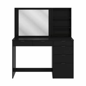 Carpi Makeup Vanity with Mirror, 6-Drawers & Storage Niches, Black, Dressing Table, 54.33in. H x 47.25in. W x 17.7in. D