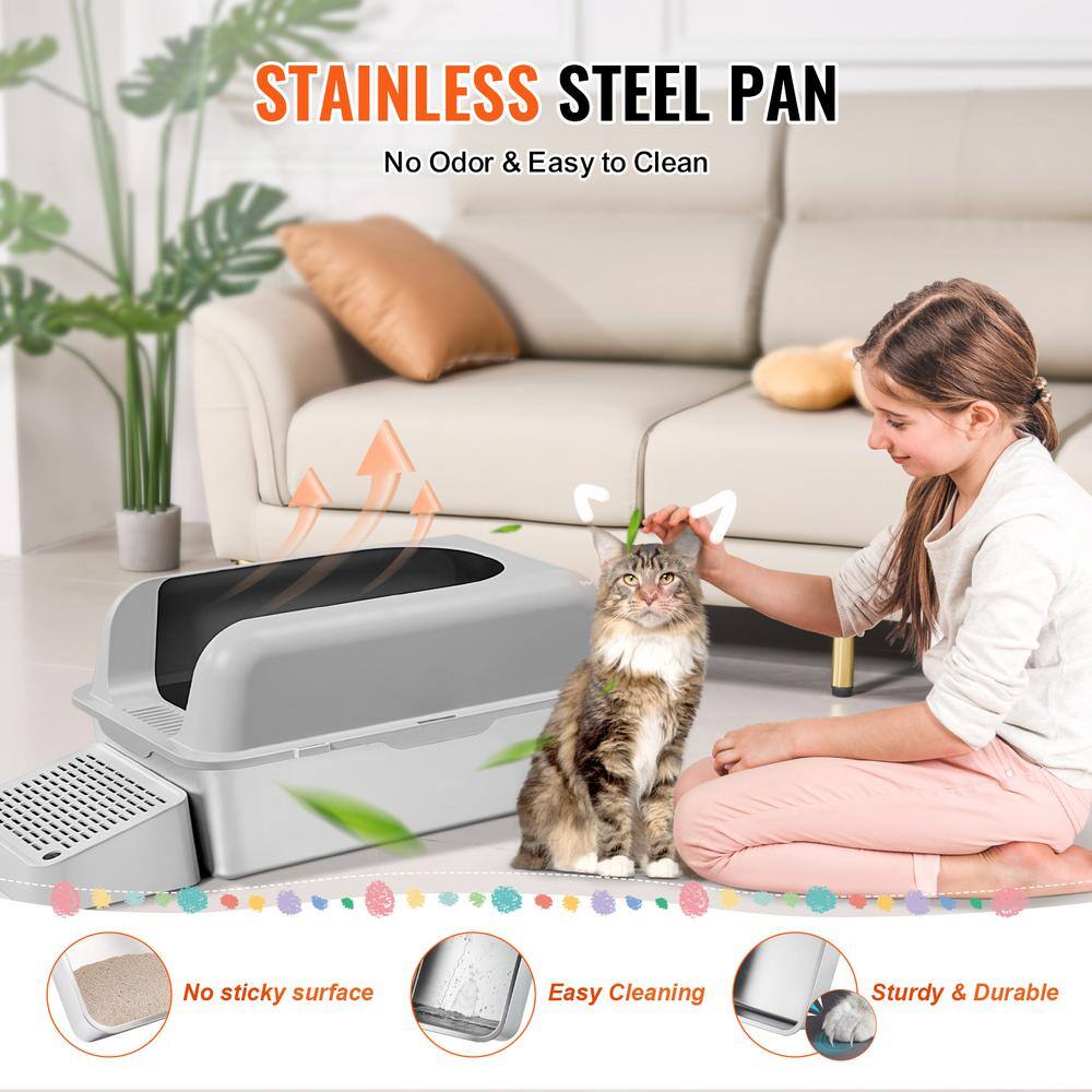 Light Gray Stainless Steel Extra Large Cat Litter Box with Scoop