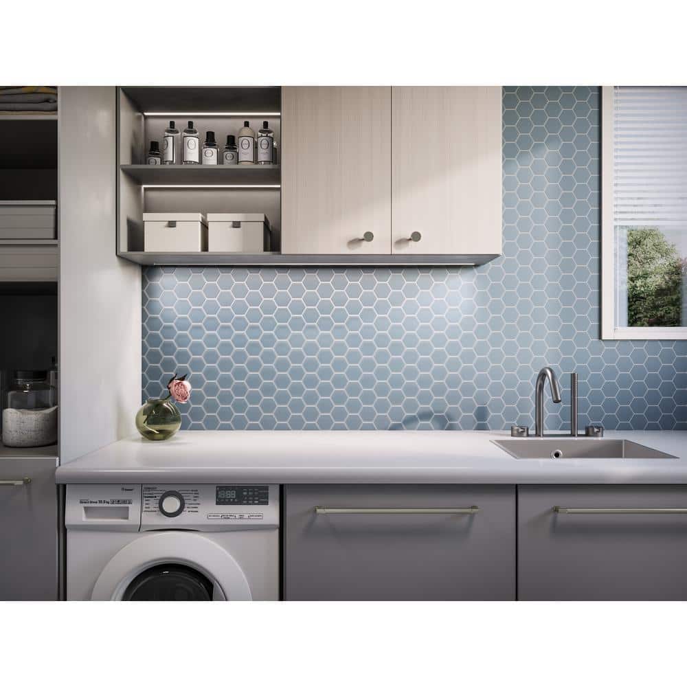 Aqua Blue Matte Glass Hexagon Mosaic Tile 11x12