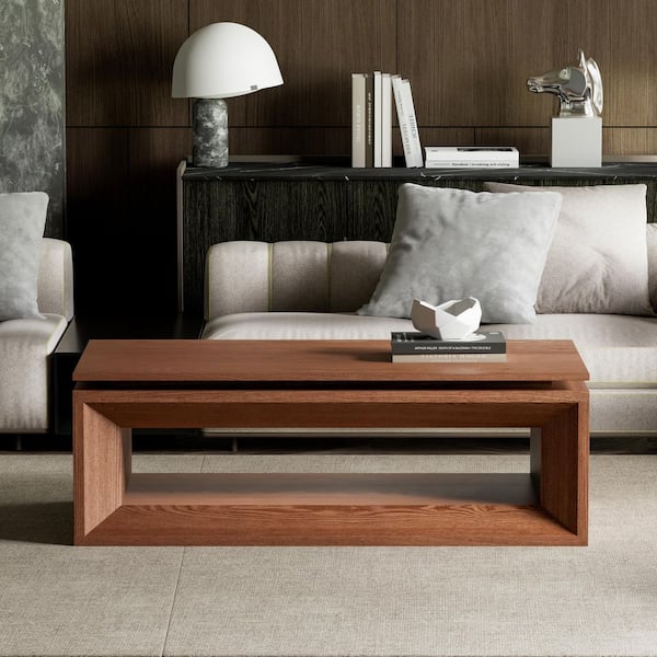 Fraser Modern 43.3 in. Walnut Rectangle MDF and Solid Wood Veneer Coffee Table with Storage, Adjustable Height
