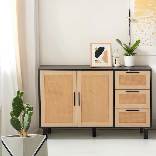 PHI VILLA 47.2 in. Vintage Woven Rattan Black Frame 3-Drawer Cabinet Chest of Drawers with 2-Door