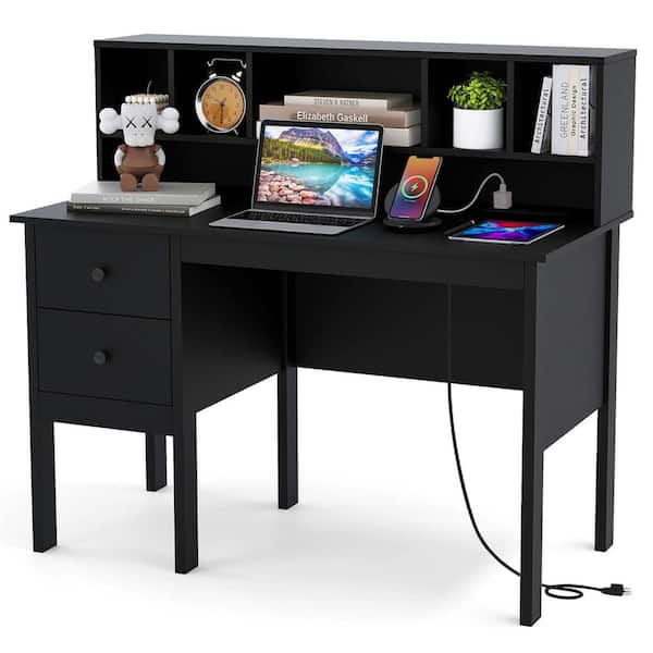 Costway 48 in. Rectangular Black Wood 2-Drawer Desk with Power