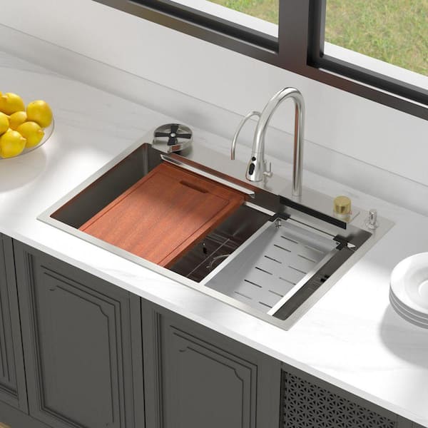 33 in. Drop-In Single Bowl 16-Gague Stainless Steel Waterfall Workstation Kitchen Sink with Cup Sprayer